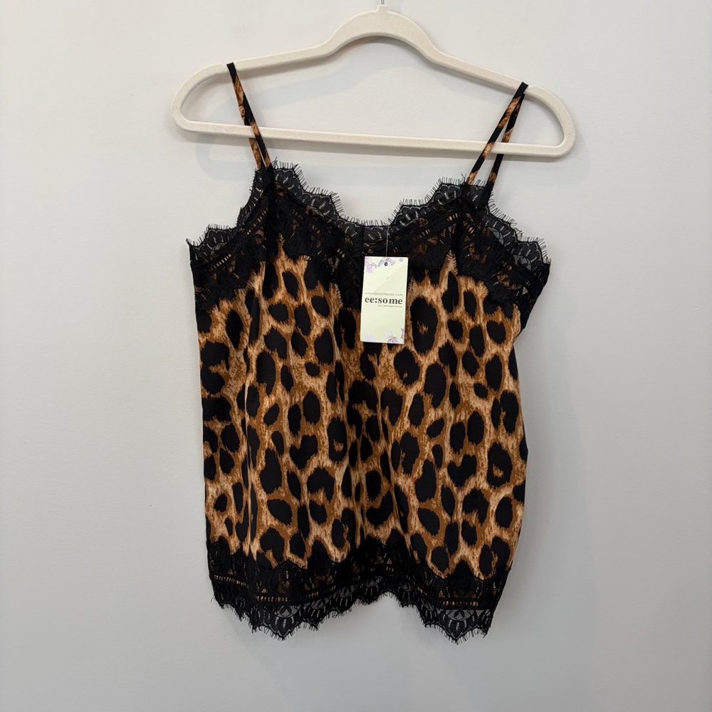 Ee:some Woman’s Cami Leopard Print Eyelash Black Lace Trim Size S NWT